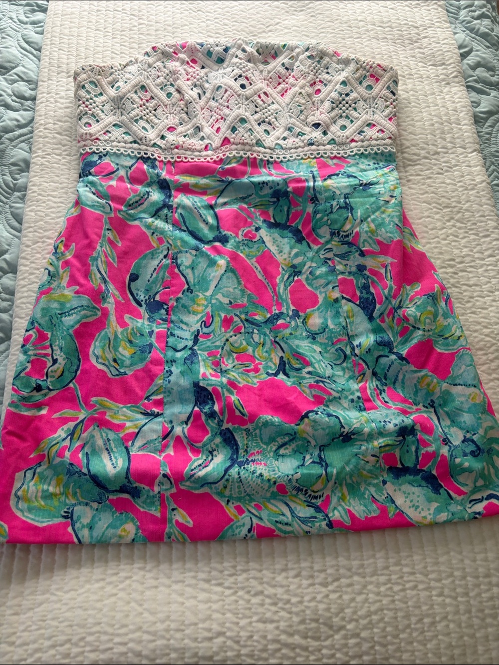 Lilly Pulitzer Pink and Aqua Strapless Mini Dress with Crochet Bodice